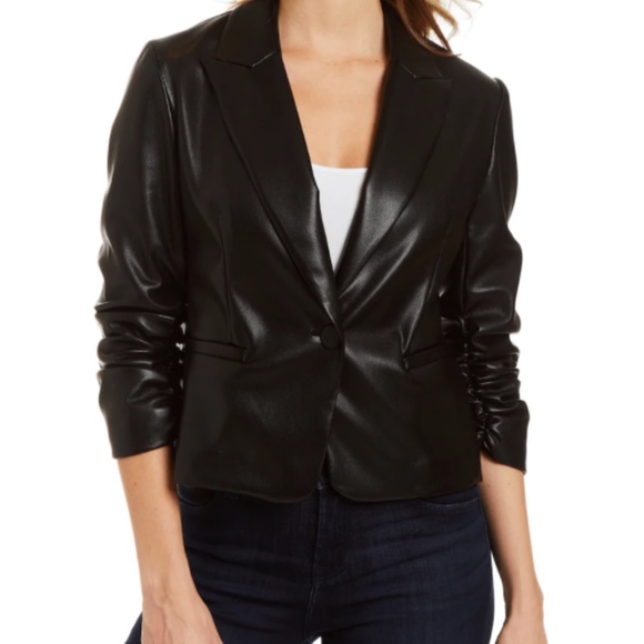 DREW Suzie Black Vegan Faux Leather Scrunchy Sleeve Jacket Blazer NWT